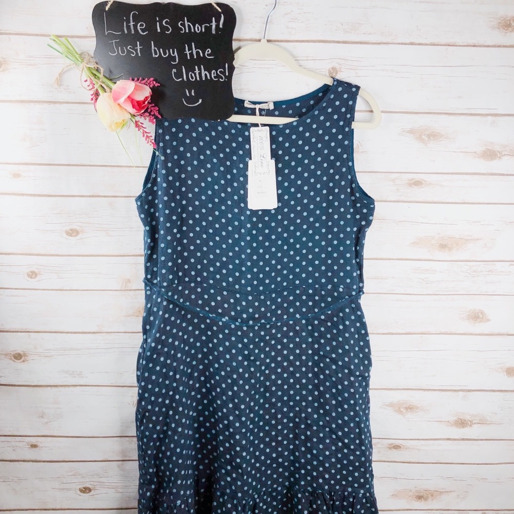 Stella Martini navy blue polka dot ruched hem dres